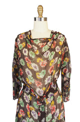1920s Pretty Floral Silk Chiffon Dress with Belt