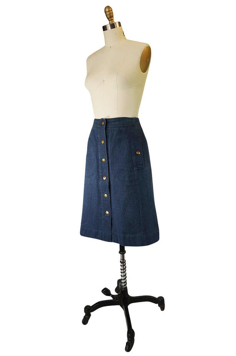 Fabulous 1970s Celine Denim Logo Snap Front Skirt