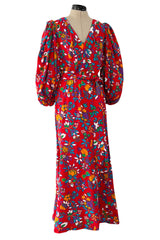 Prettiest Spring 1983 Yves Saint Laurent Runway Printed Floral Red Silk Dress w Tie Belt