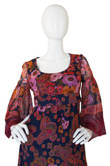 1960s Gorgeous Silk Voile Print Maxi Dress