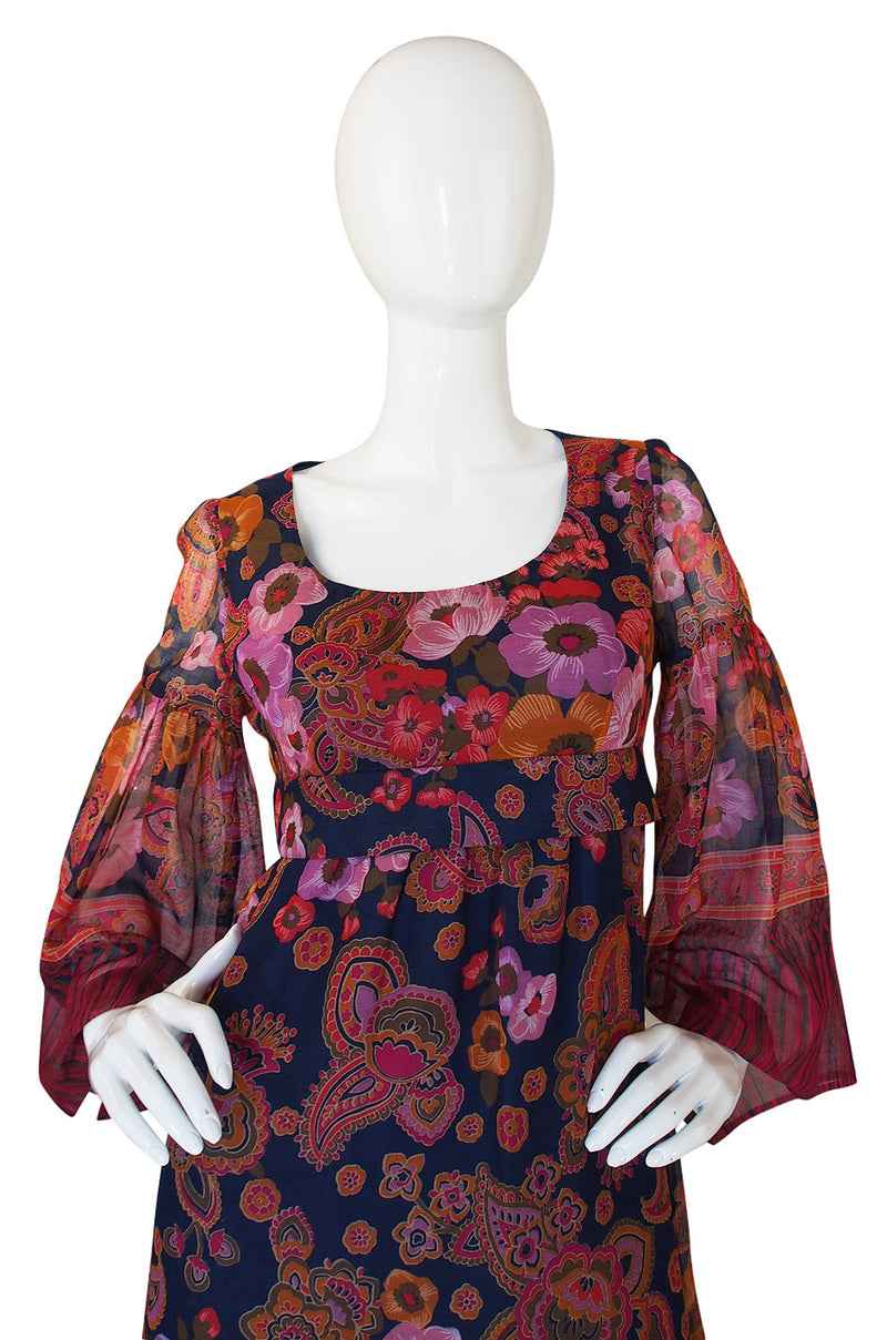 1960s Gorgeous Silk Voile Print Maxi Dress