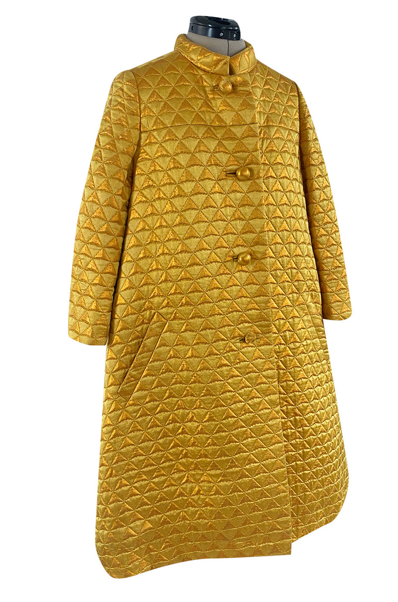 Stunning 1960s George Halley Bright Gold Metallic Puffed Quilted Silk Brocade Tent Coat