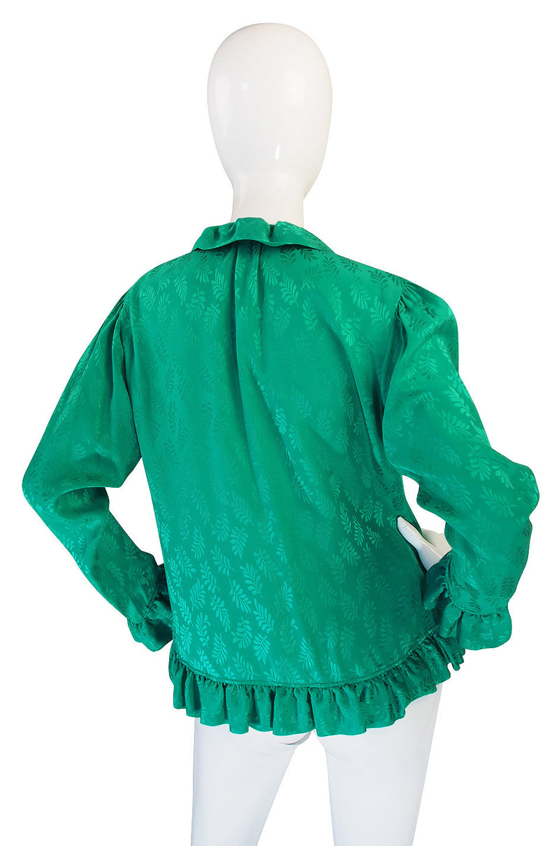 1970s Yves Saint Laurent Green Silk Ruffled Poet Top
