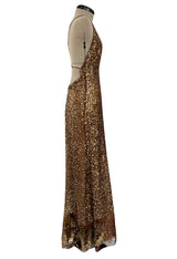 Fall 2002 Valentino Plunged Silk Net Chiffon Dress Completely Covered in Copper Sequins