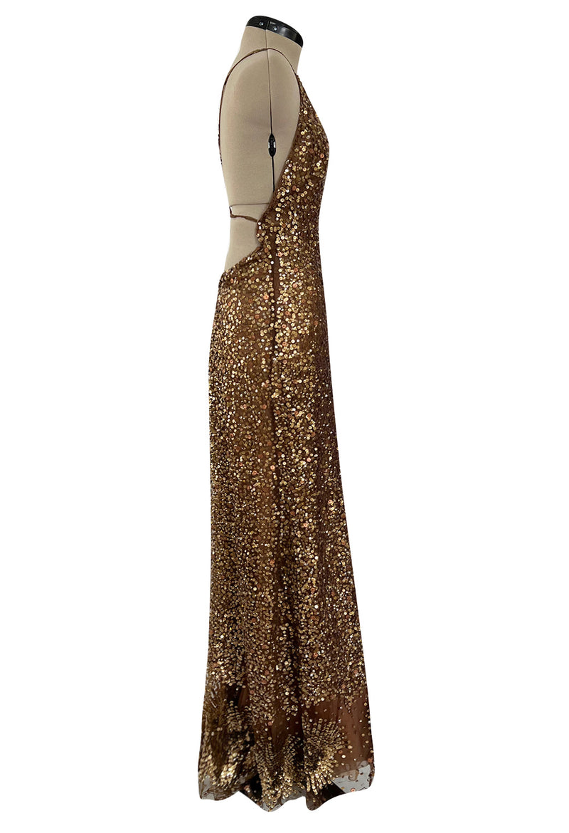 Fall 2002 Valentino Plunged Silk Net Chiffon Dress Completely Covered in Copper Sequins