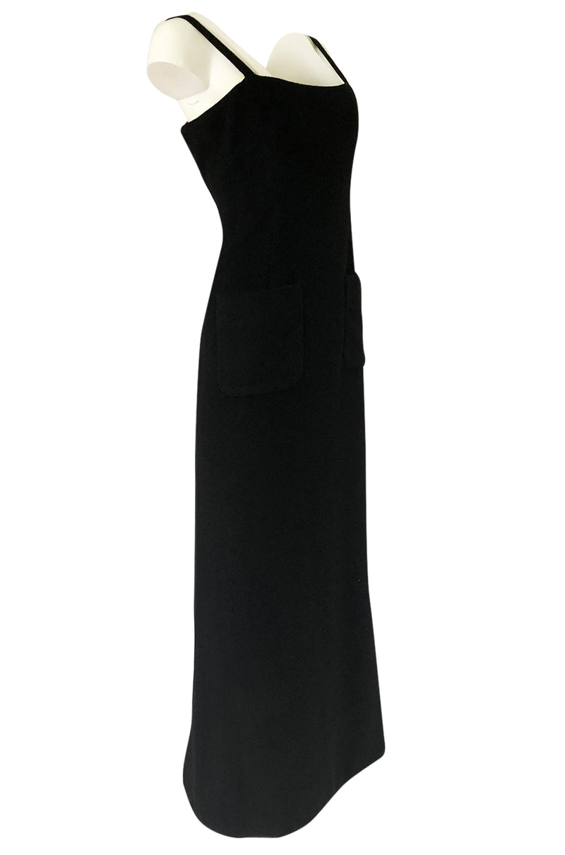 Extraordinary 1970s Bill Blass Black Cashmere Front Pocket Evening Dress