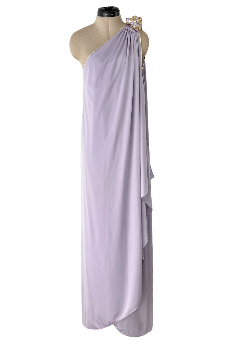 1981 Bill Tice Lilac One Shoulder Jersey Dress w Gold Lame Flower Detailing