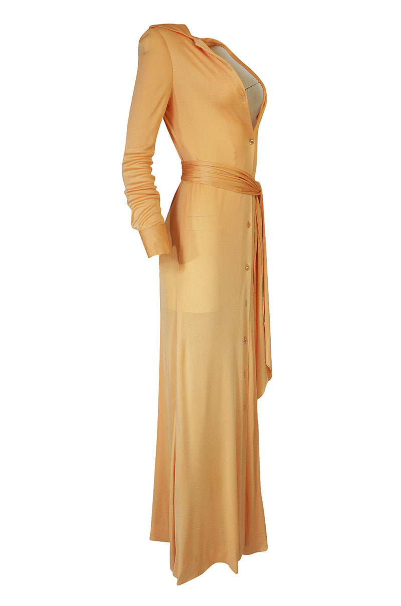 Rare 1972 Halston Couture Peach Silk Jersey Belted Shirt Dress