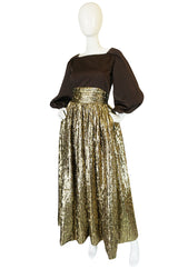 1970s Travilla Puffed Sleeve Silk & Gold Lame Gown