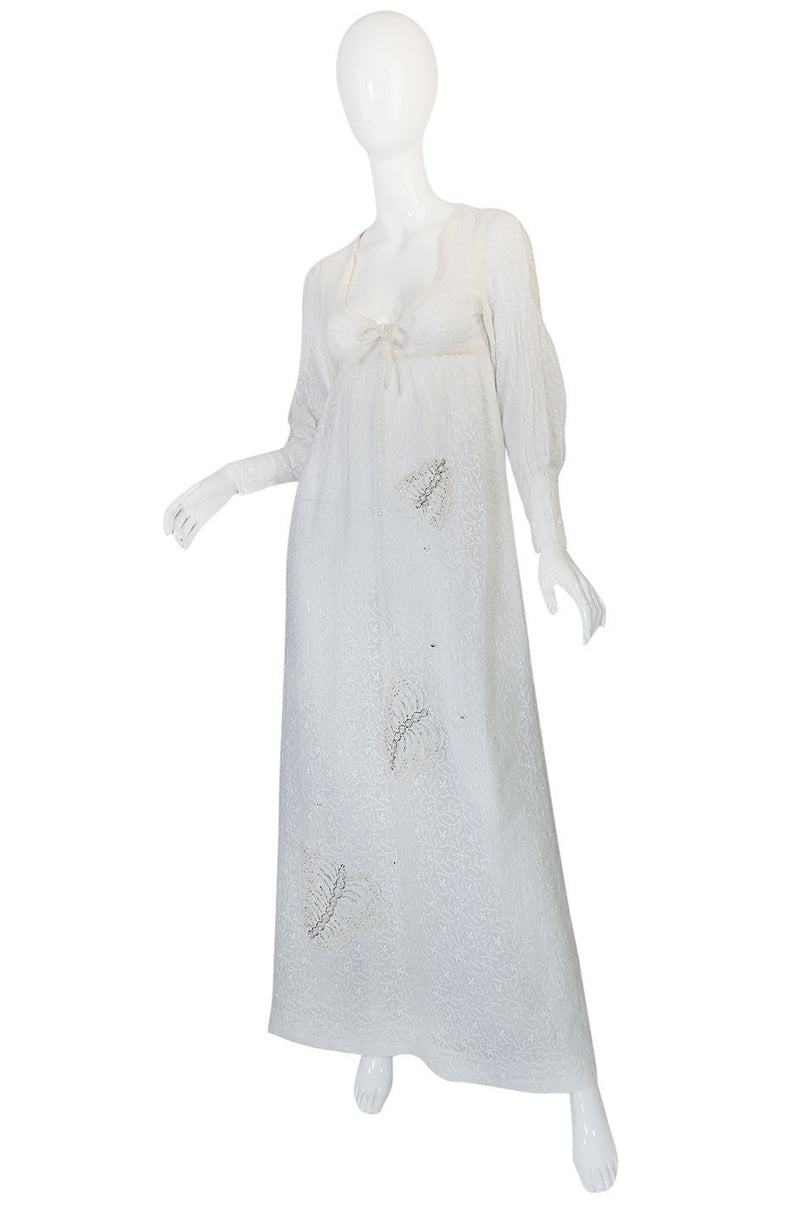 1970s Thea Porter White Embroidered Muslin Butterfly Applique Dress