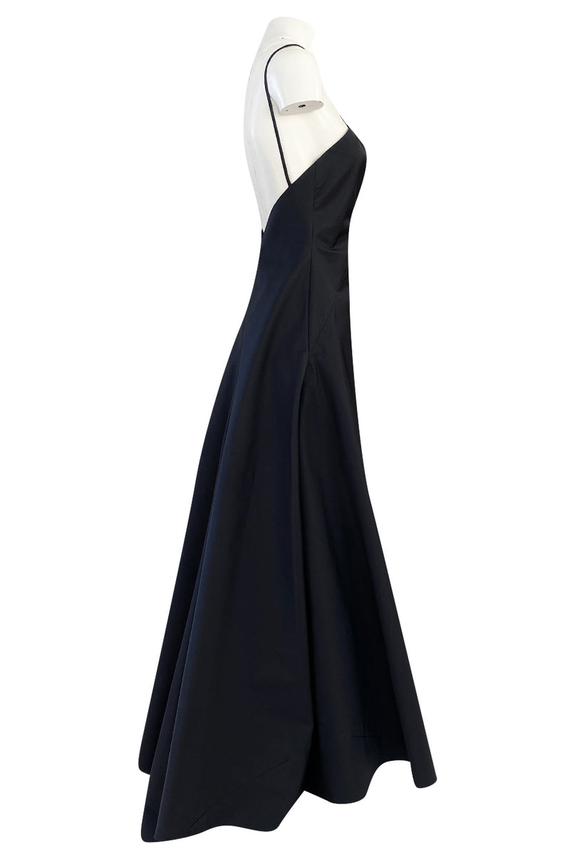 1990s Calvin Klein Black Front Plunge Halter Dress w No Back and Long Full Skirt