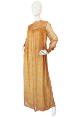 1970s Treacy Lowe Peach Print Silk Chiffon Caftan Dress
