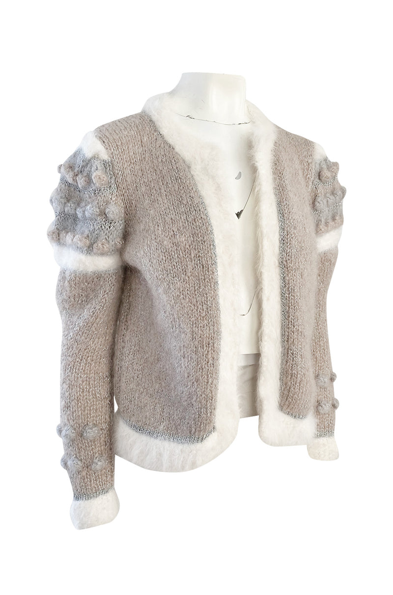 1980s Linda Rossbach Hand Made Mohair Knit Sweater w Silver Thread Detailing
