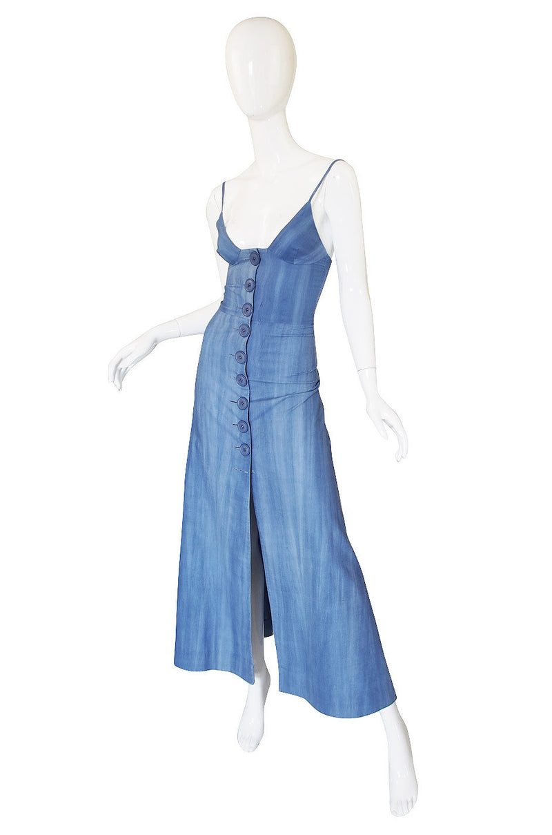 1960s Denim Look Biba Plunge Maxi Dress Shrimpton Couture 1960s Denim Look Biba Plunge Maxi Dress Shrimpton Couture