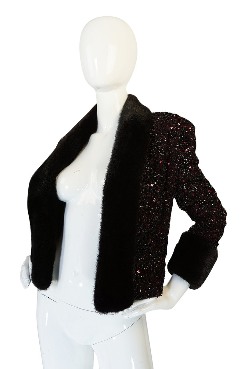 1980s Glossy Mink Trim Sequin John Anthony Silk Jacket