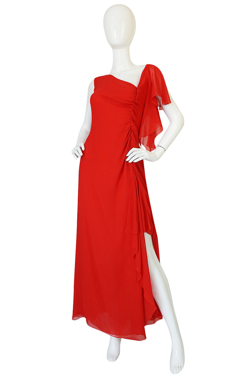 1990s Valentino Plunged Back Red Ruffled Silk Chiffon Dress