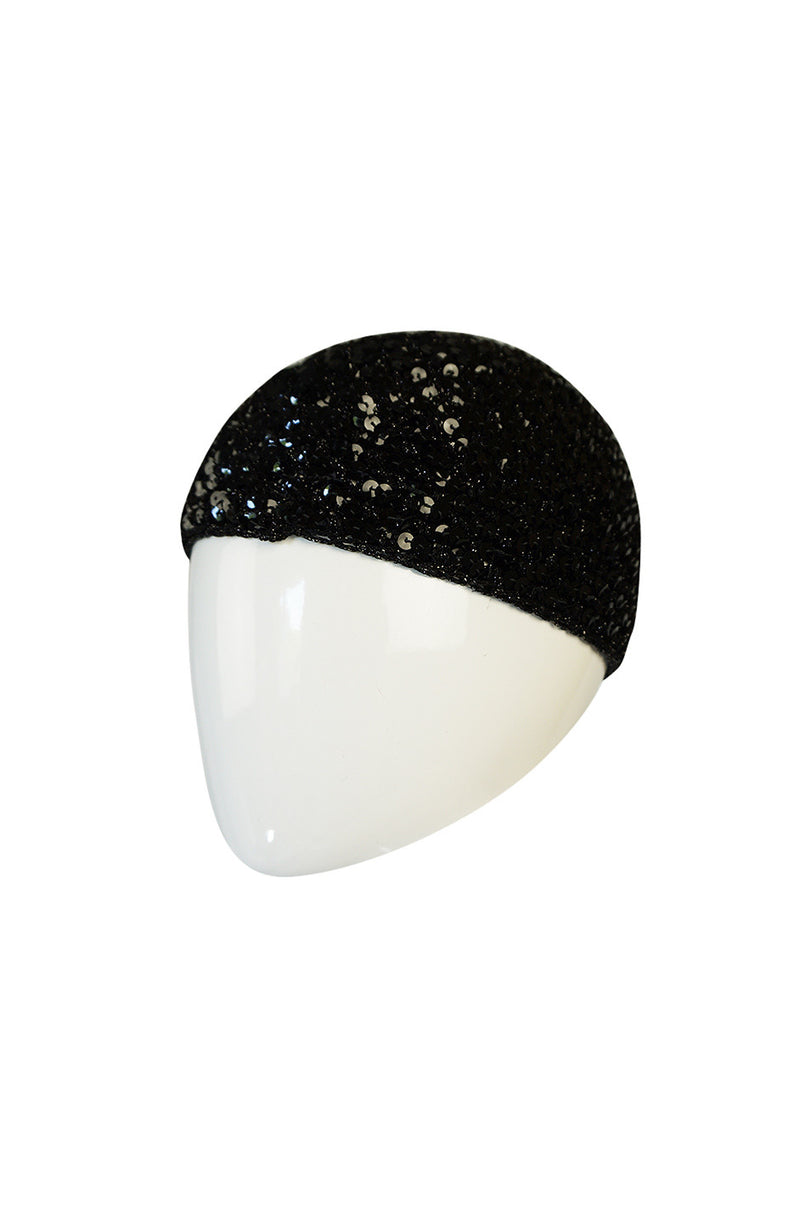 Rare 1970s Halston Glossy Black Sequin Skull Cap Cloche