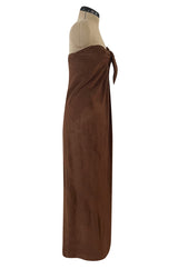 Unusual 1976 Halston Deep Brown Strapless Tie Front Dress in a Soft Terry Cloth