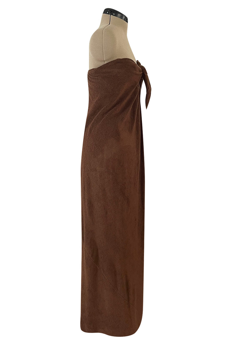 Unusual 1976 Halston Deep Brown Strapless Tie Front Dress in a Soft Terry Cloth