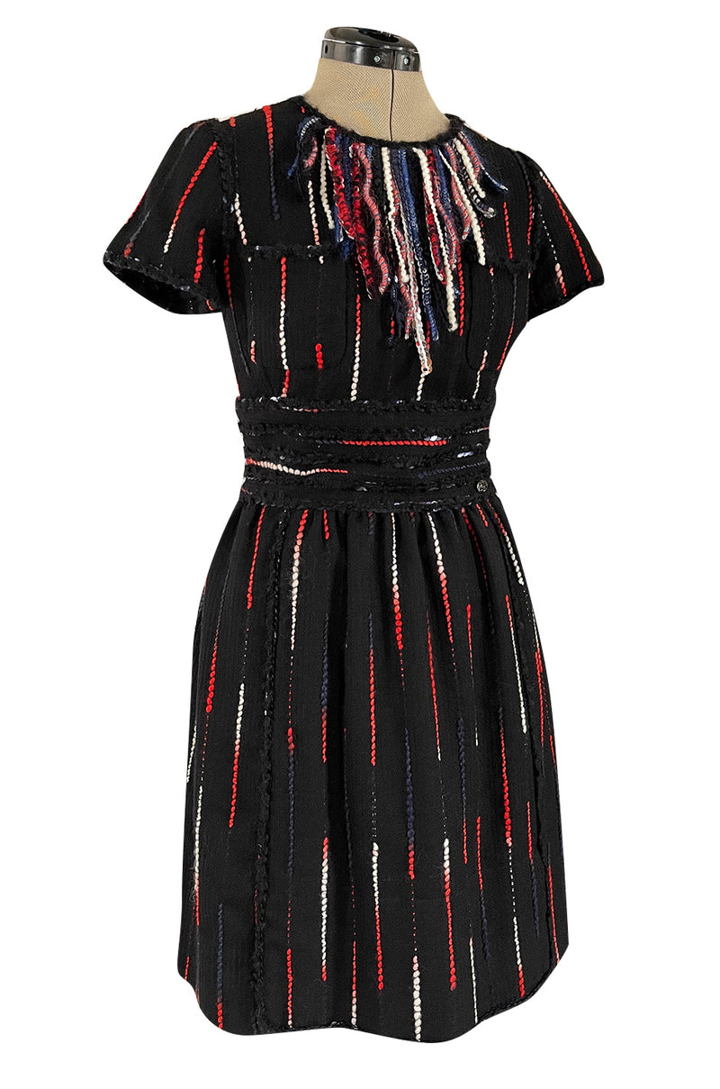Iconic Fall 2010 Chanel by Karl Lagerfeld Look 21 Runway Black Knit Boucle Dress w Fringe Detailing