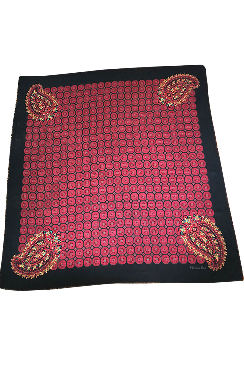 Huge 1970s Christian Dior Deep Red Print Silk and Wool Shawl