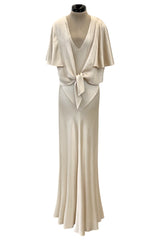 Beautiful 1930s Ivory Hammered Silk Satin Bias Cut Dress w Original Jacket & Belt