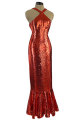 Remarkable Spring 1976 Pierre Cardin Couture Red Sequin Halter Dress w Low Full Skirt Hem