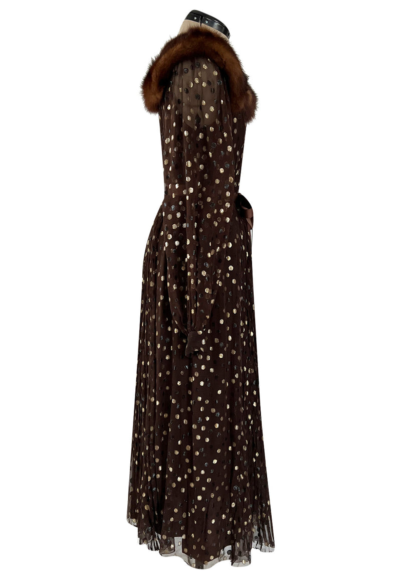 1970s Givenchy by Hubert de Givenchy Haute Couture Gold Metallic Dot on Silk Chiffon Dress w Mink Trim