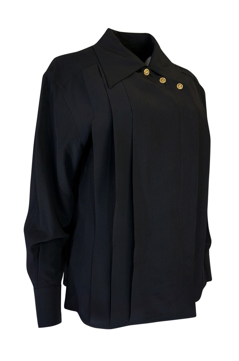 1980s Chanel Black Silk Top w 4 Leaf Clover Gold Buttons