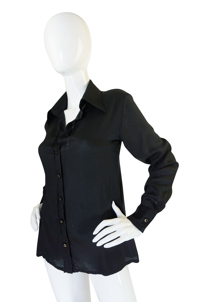 1970s Gucci Pheasant and Hawk Black Silk Top
