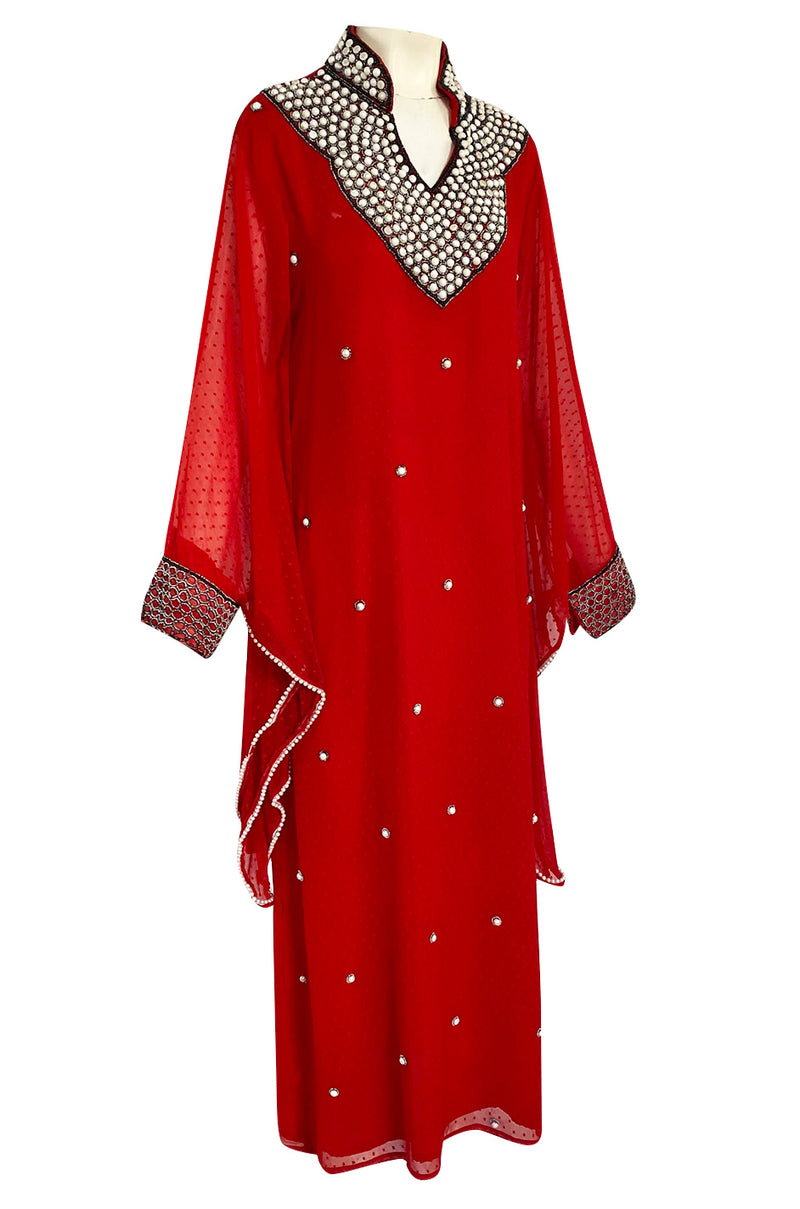 Striking 1970s Red Dotted Chiffon White Beaded Caftan Dress w Kimono Sleeves