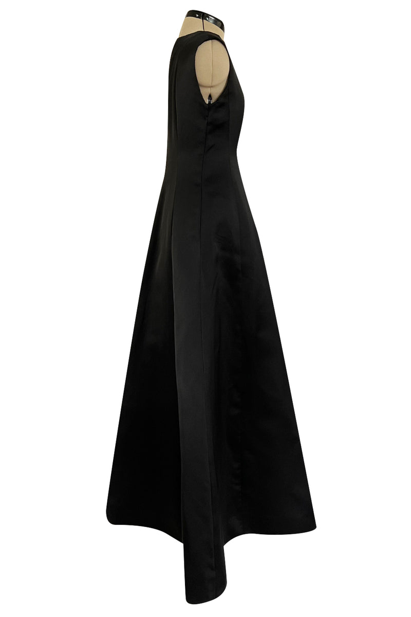 Minimalist 1960s Pauline Trigere Black Silk Satin Dress w Squared Off Neckline