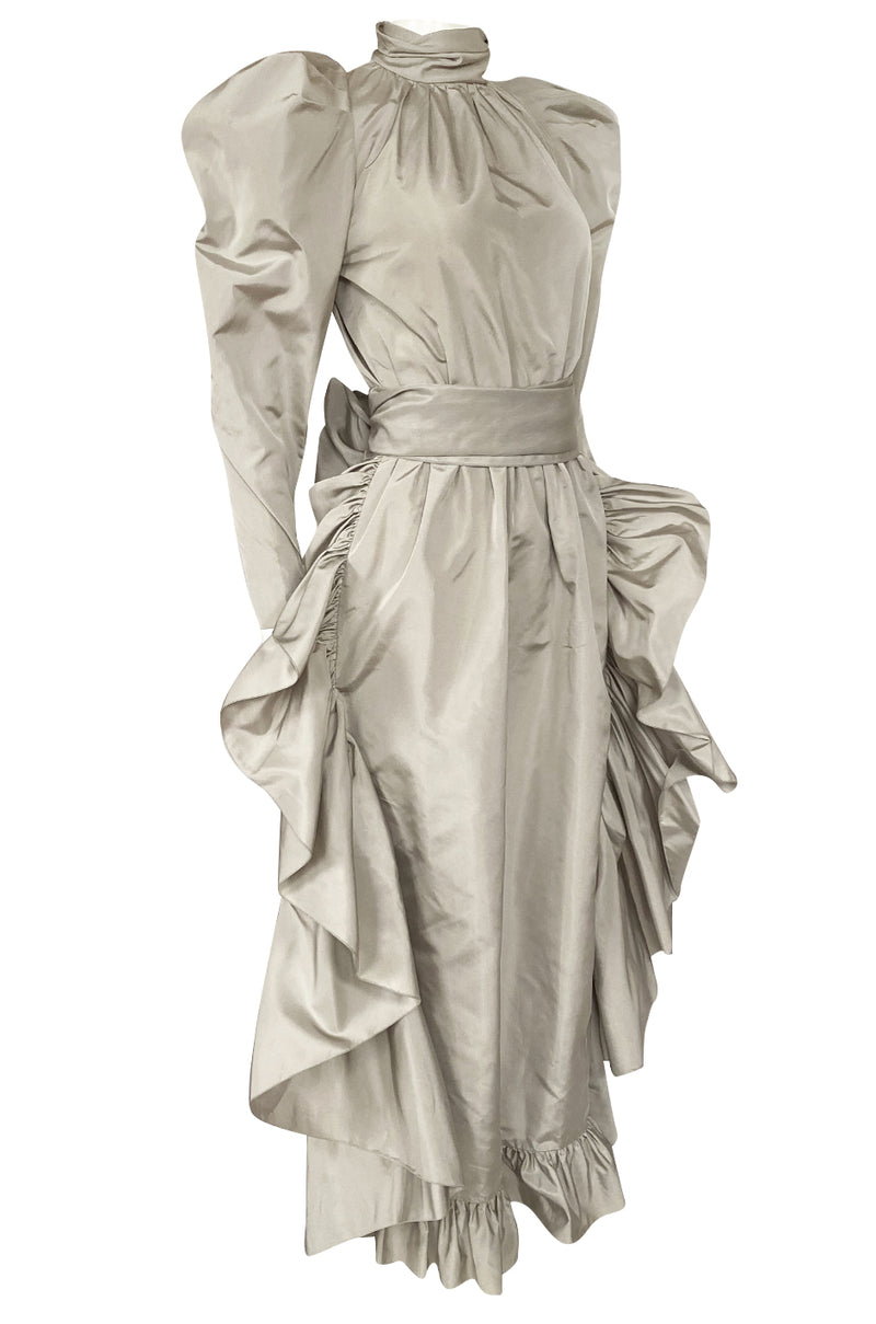 Runway 1981 Christian Dior by Marc Bohan Grey Silk Taffeta Ruffle Dress
