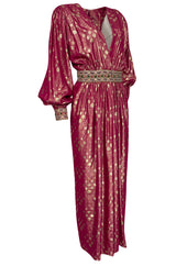 1980s Adele Simpson Pink & Gold Metallic Lame Beaded Dress w Beading