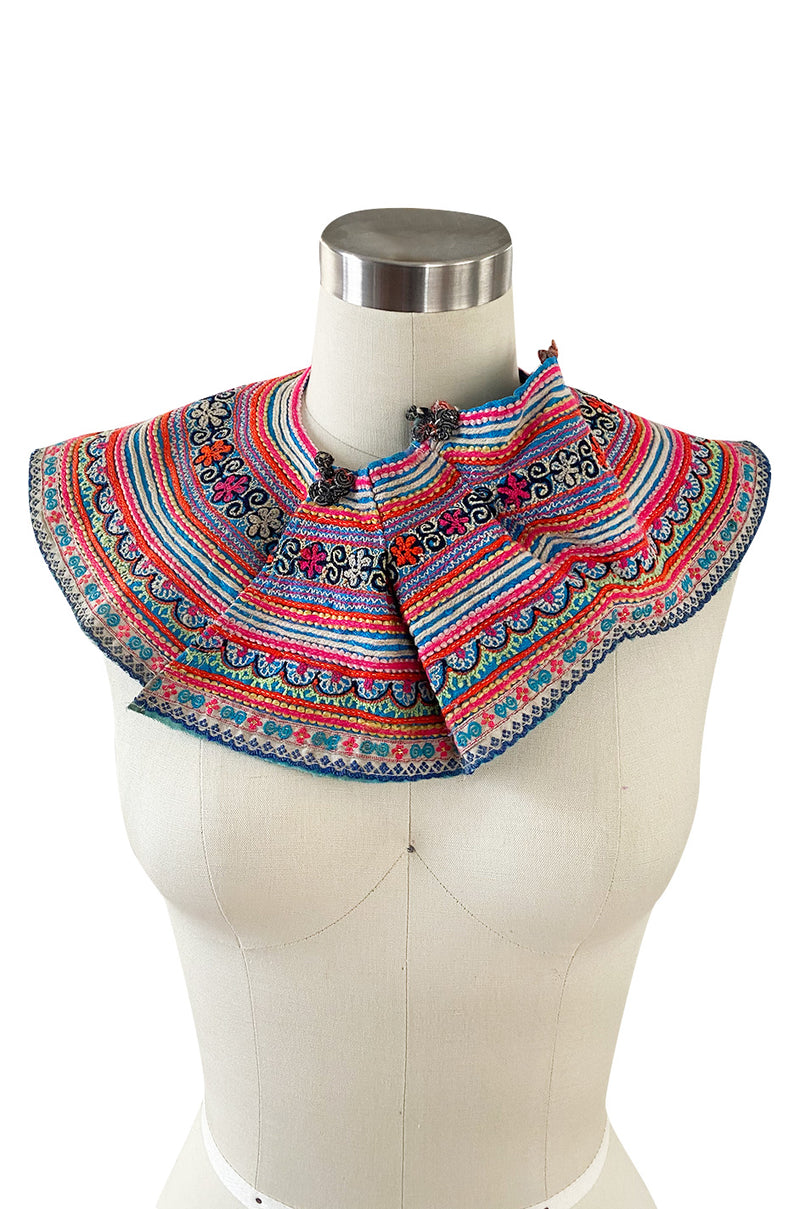 Amazing Antique Turn of the Century Hand Embroidered Colourful Cotton Collar from Laos