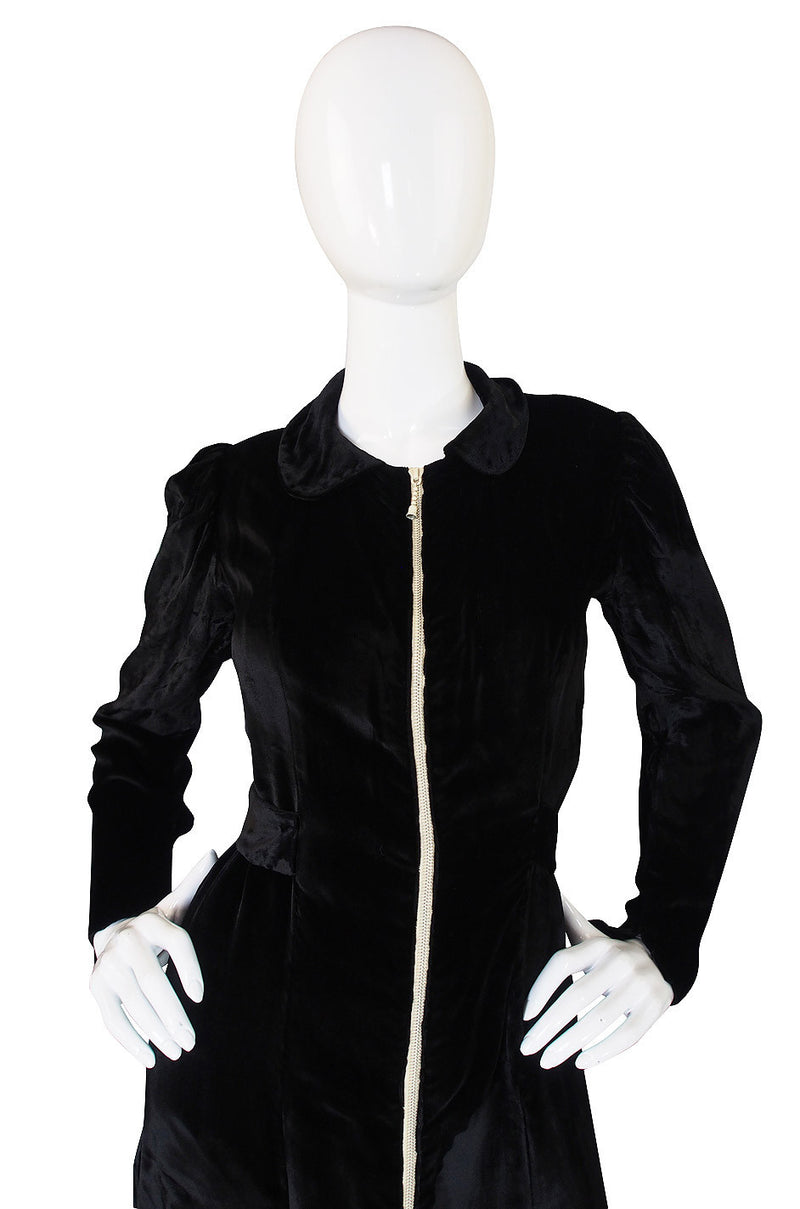 1920s Velvet Coat Dress w White Zipper