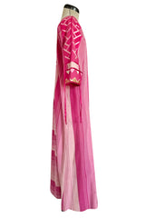 1960s Josefa Hand Made Mexico Pink Caftan Dress w Embroidery & Ribbon Details