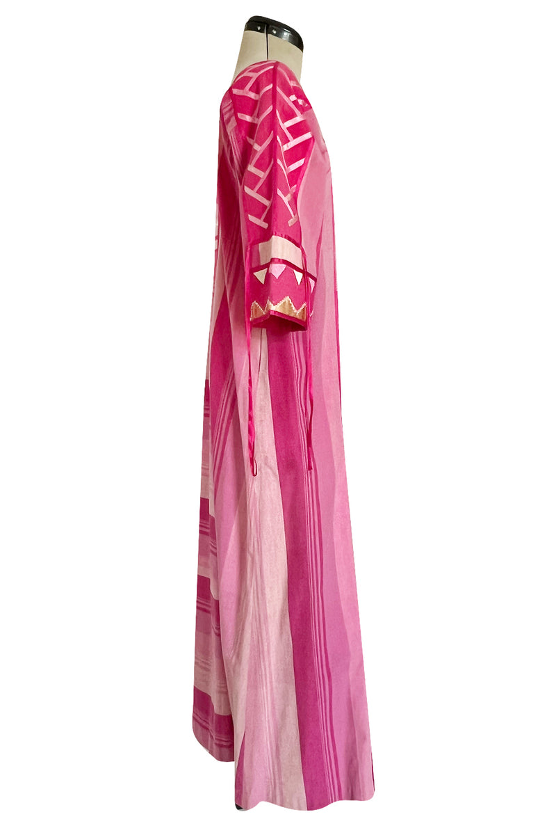 1960s Josefa Hand Made Mexico Pink Caftan Dress w Embroidery & Ribbon Details