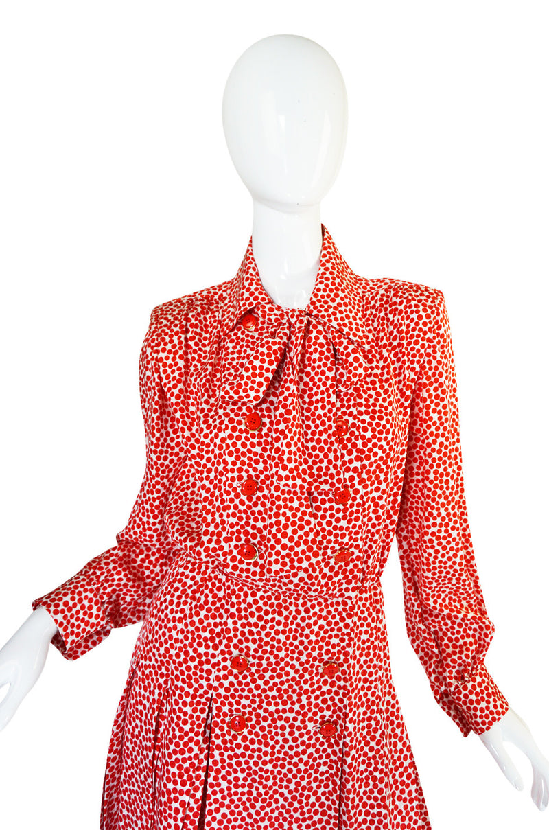 c1980 Yves Saint Laurent Red Silk Dot Day Dress