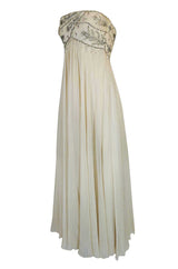 1970s Bob Mackie Beaded Strapless Ivory Silk Chiffon Dress