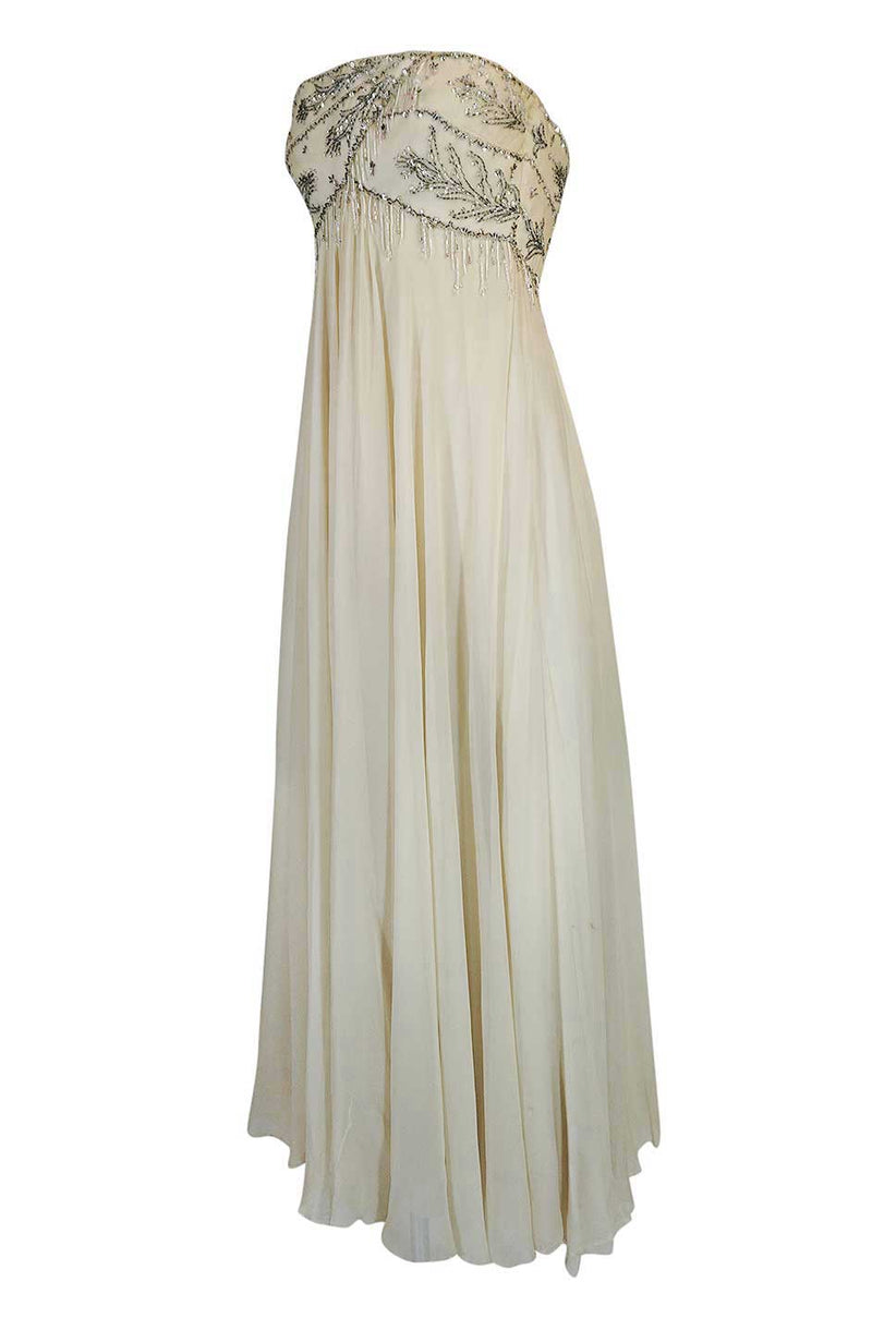 1970s Bob Mackie Beaded Strapless Ivory Silk Chiffon Dress