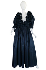 1980s Bill Blass Midnight Blue Silk Taffeta Plunging Ruffled Dress