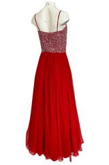 1960s Unlabeled Red Silk Chiffon & Sequin Dress w Matching Cape