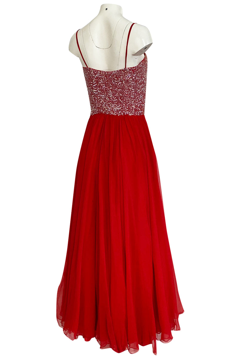 1960s Unlabeled Red Silk Chiffon & Sequin Dress w Matching Cape