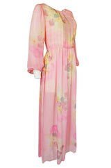 1970s Unlabelled Soft Pink & Pastels Floral Print Silk Chiffon Dress