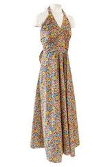 Rare 1970s Annacat Pretty Floral Print Cotton Tie Back Wrap Halter Maxi Dress