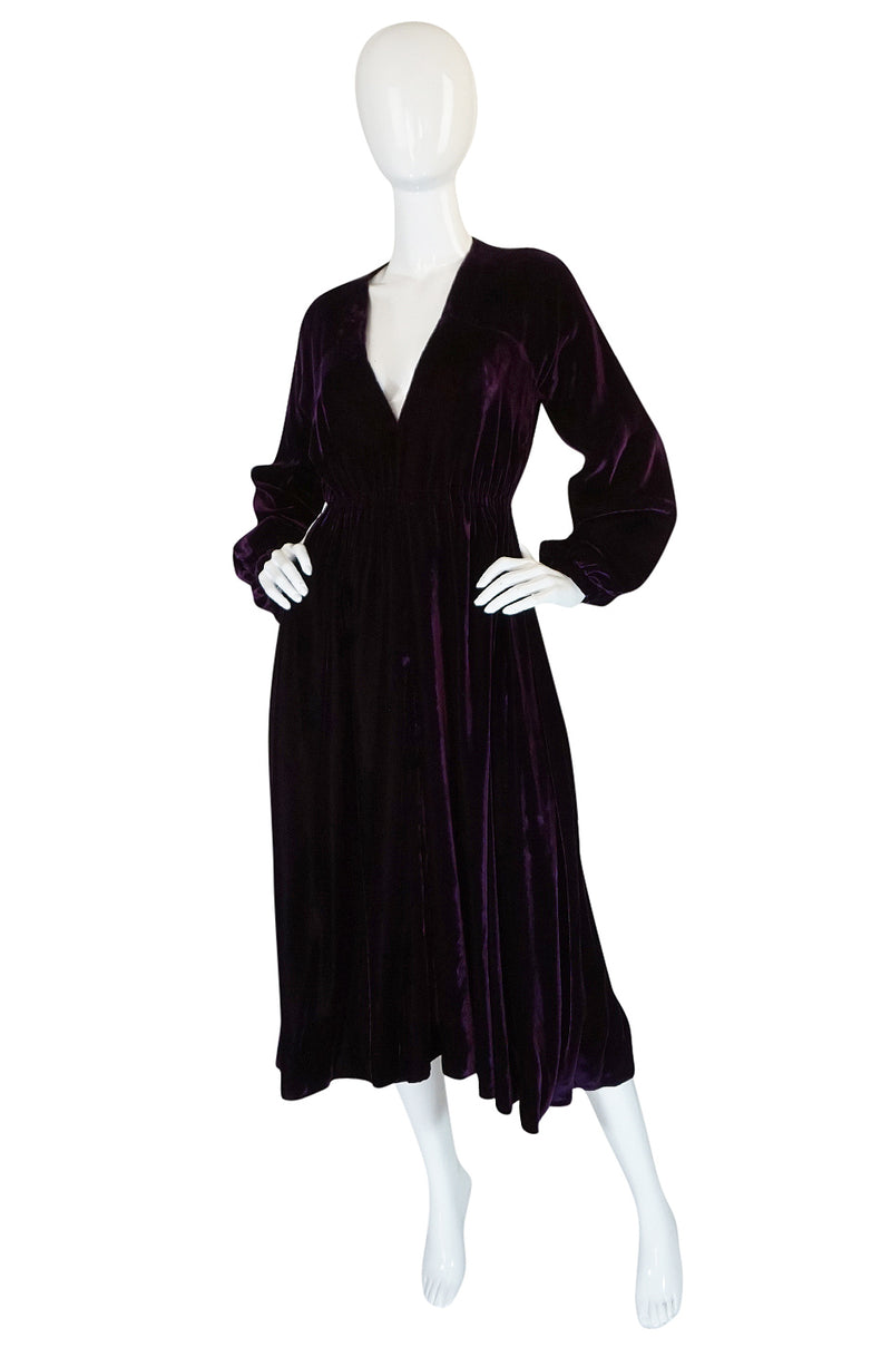 1970s Halston Rich Purple Velvet Deep Plunge Dress
