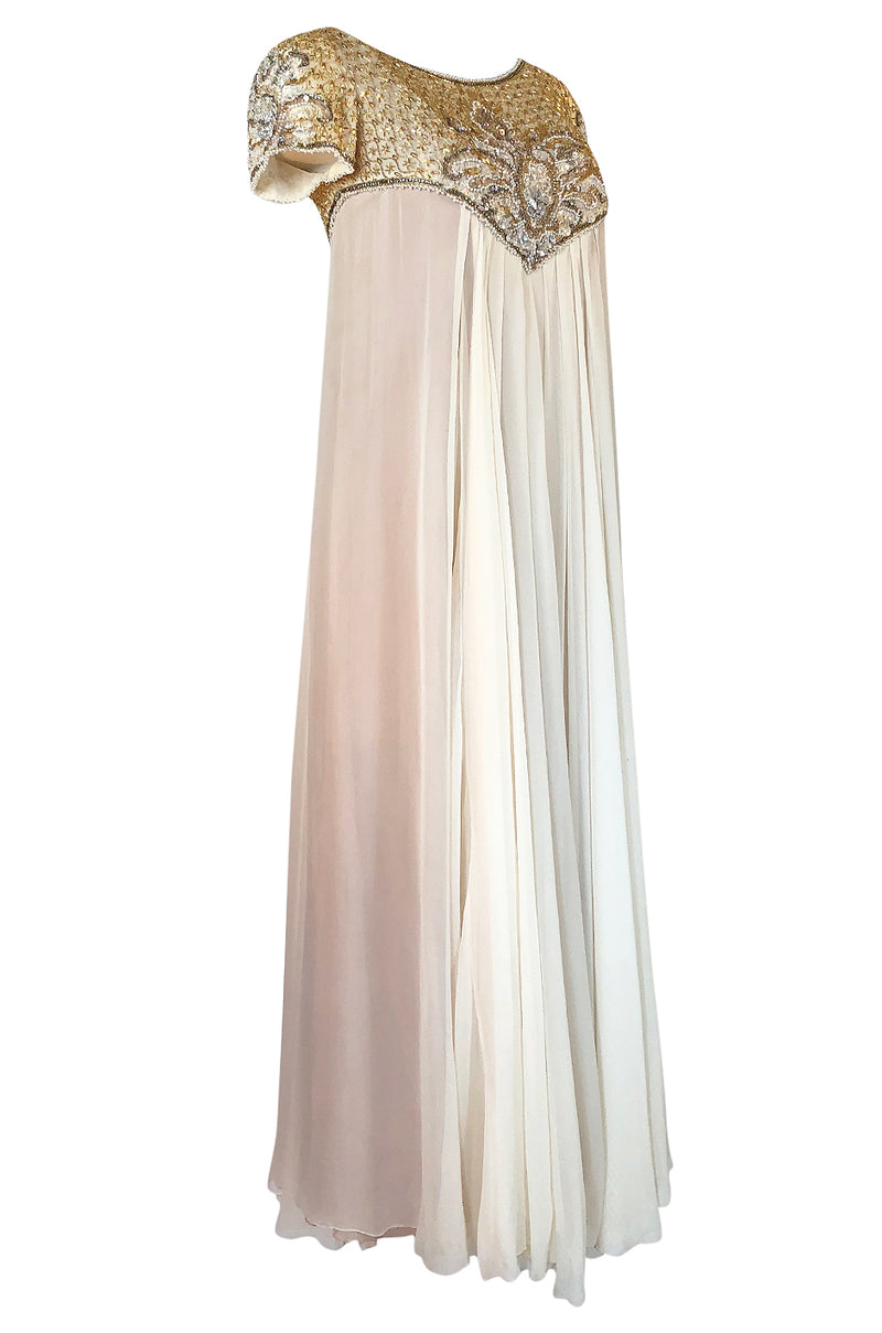 c.1958-1965 Helen Rose Hand Beaded Ivory Silk Chiffon & Gold Dress