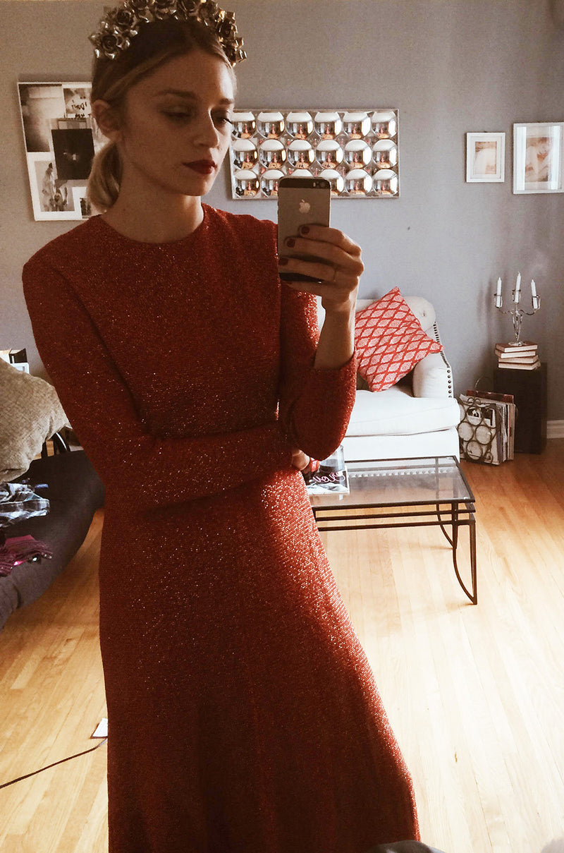 1970s Adele Simpson Coral Gold Lurex Dress Shrimpton Couture