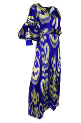 Recent Zazi Vintage Silk Ikat "Madhu" Bliue & Gold Caftan Dress